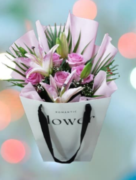 Pink Roses and Lilies Bouquet in a Bag – Stylish Floral Surprise