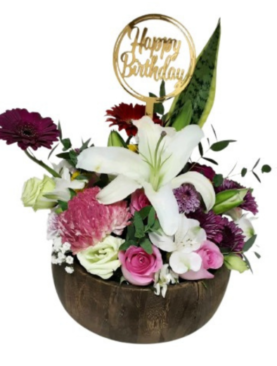 Wooden Box Flower Arrangement – Pink & White Birthday Bloom
